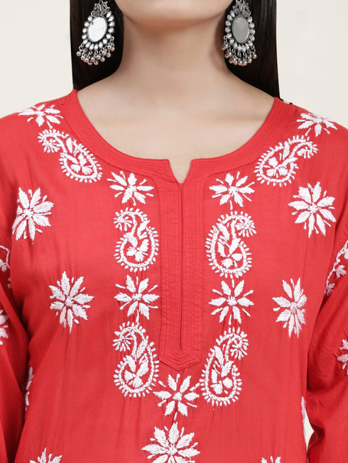 Samma Chikankari CO-ORD Set In Modal Cotton for Women In RED